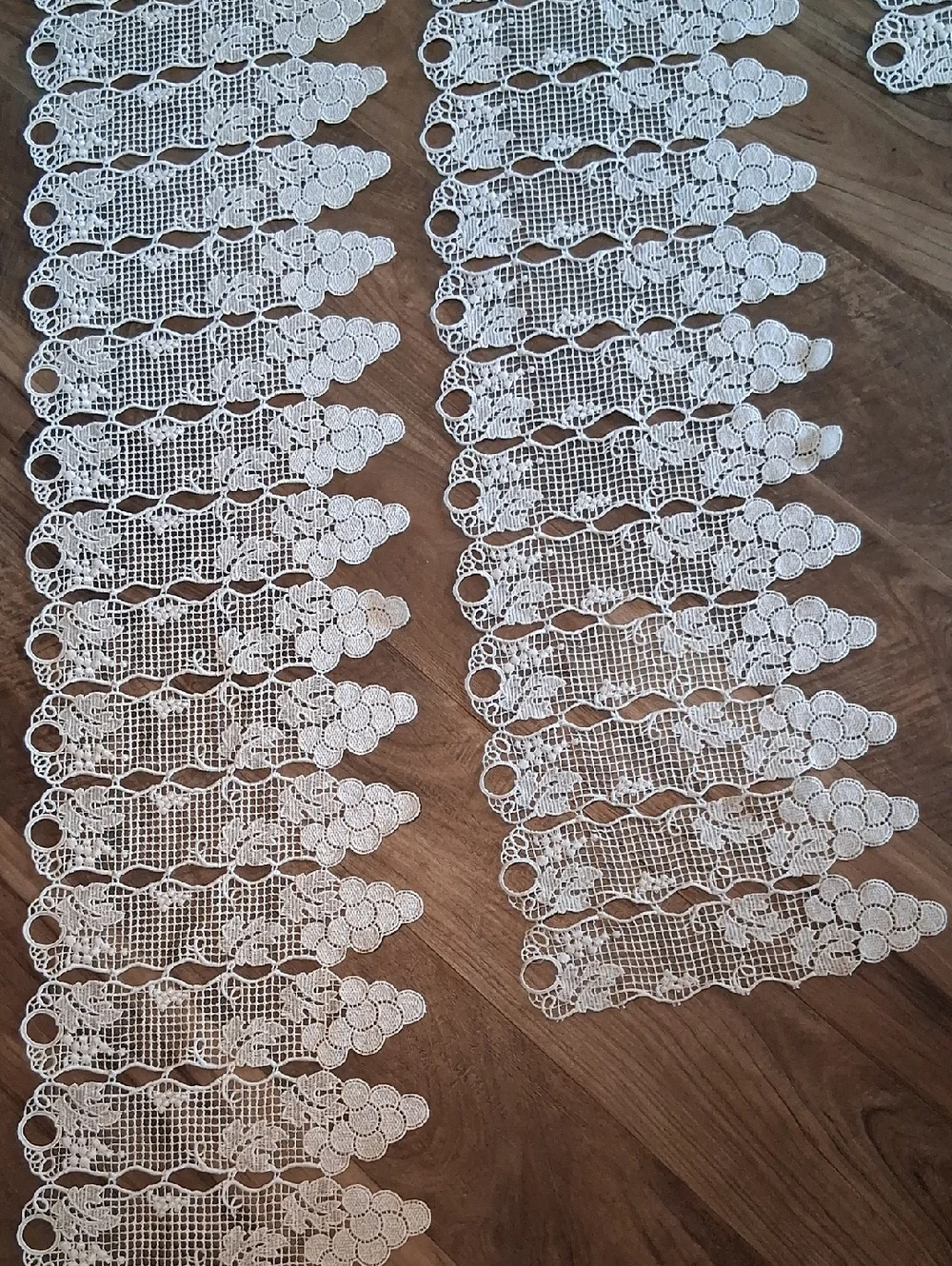These are Ecru‎ macramé lace valances featuring a grape vine & fruit pattern